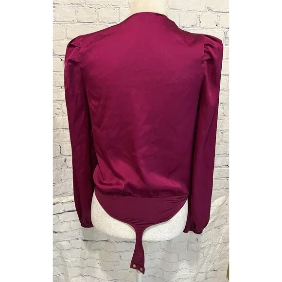 Express Satin Balloon Sleeve Faux Wrap Front Snap Bodysuit Pink/purple Small - Picture 5 of 7